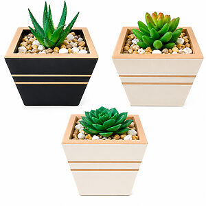 Kit 3 Vasinhos MDF Suculenta Artificial Pedrinha Decorativo