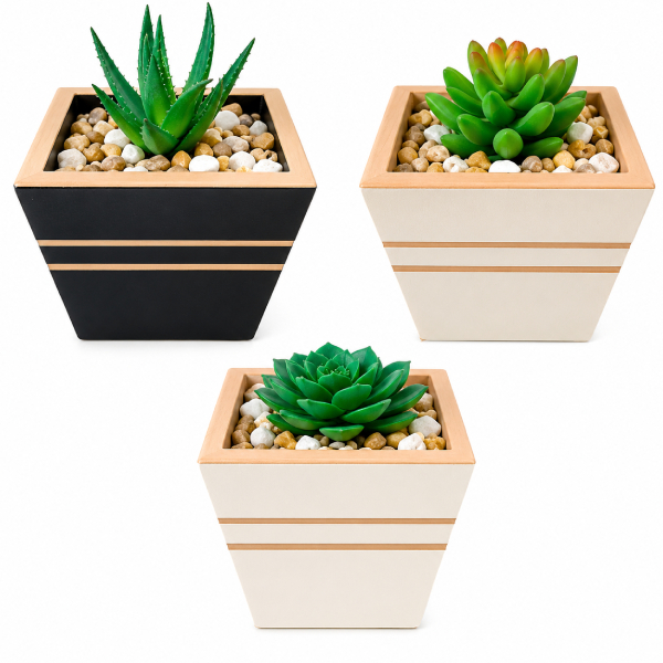 Kit 3 Vasinhos MDF Suculenta Artificial Pedrinha Decorativo